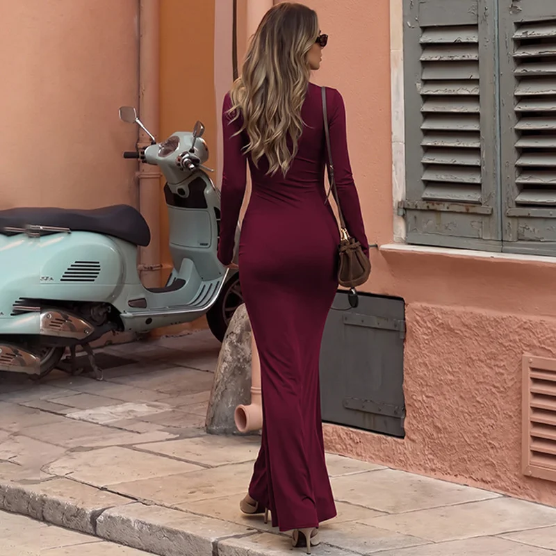 Mozision Women High Neck Long Sleeve Maxi Dress Ruched Front Bodycon Mermaid Hem Long Dress Elegant Evening Party Formal Dresses