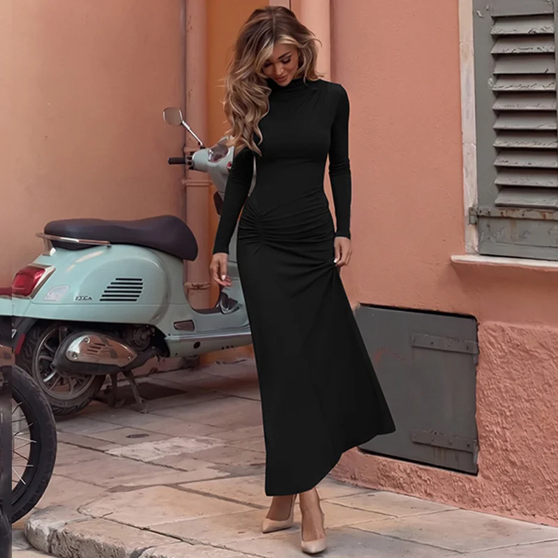 Mozision Women High Neck Long Sleeve Maxi Dress Ruched Front Bodycon Mermaid Hem Long Dress Elegant Evening Party Formal Dresses