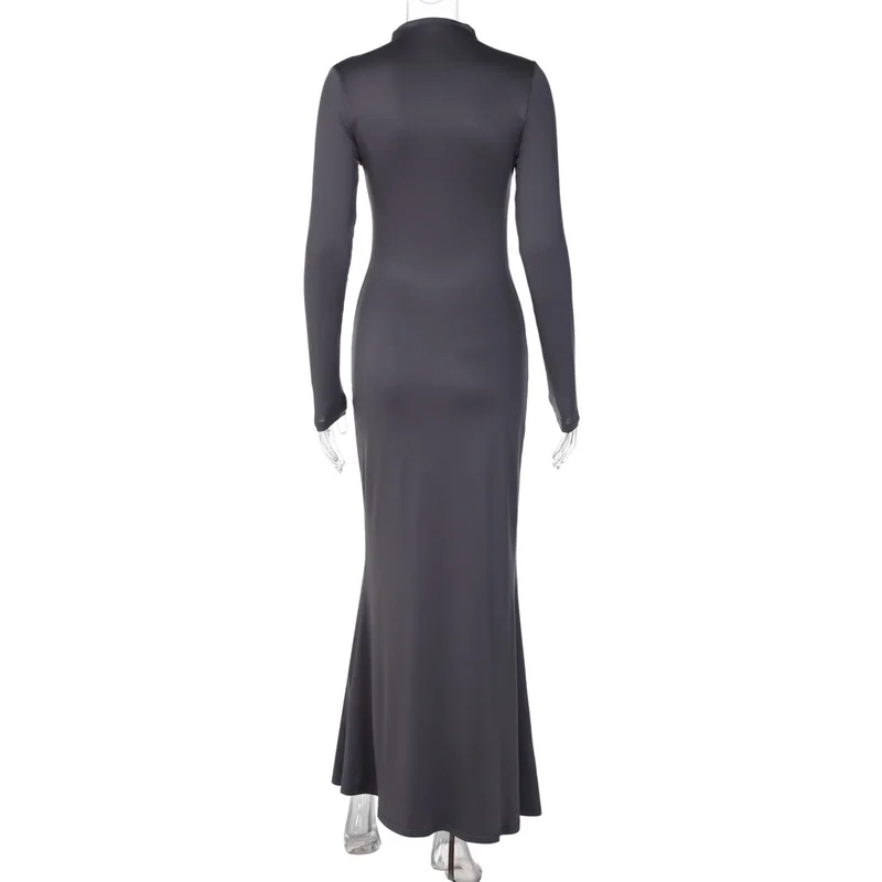 Mozision Women High Neck Long Sleeve Maxi Dress Ruched Front Bodycon Mermaid Hem Long Dress Elegant Evening Party Formal Dresses