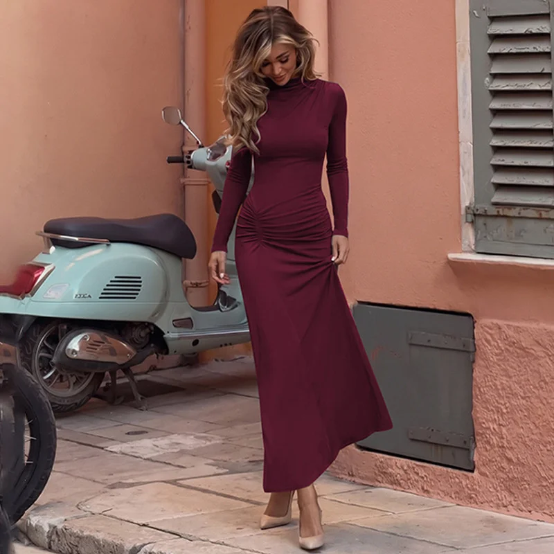 Mozision Women High Neck Long Sleeve Maxi Dress Ruched Front Bodycon Mermaid Hem Long Dress Elegant Evening Party Formal Dresses