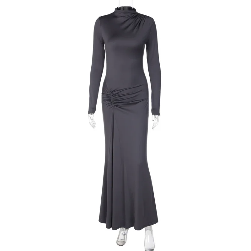 Mozision Women High Neck Long Sleeve Maxi Dress Ruched Front Bodycon Mermaid Hem Long Dress Elegant Evening Party Formal Dresses