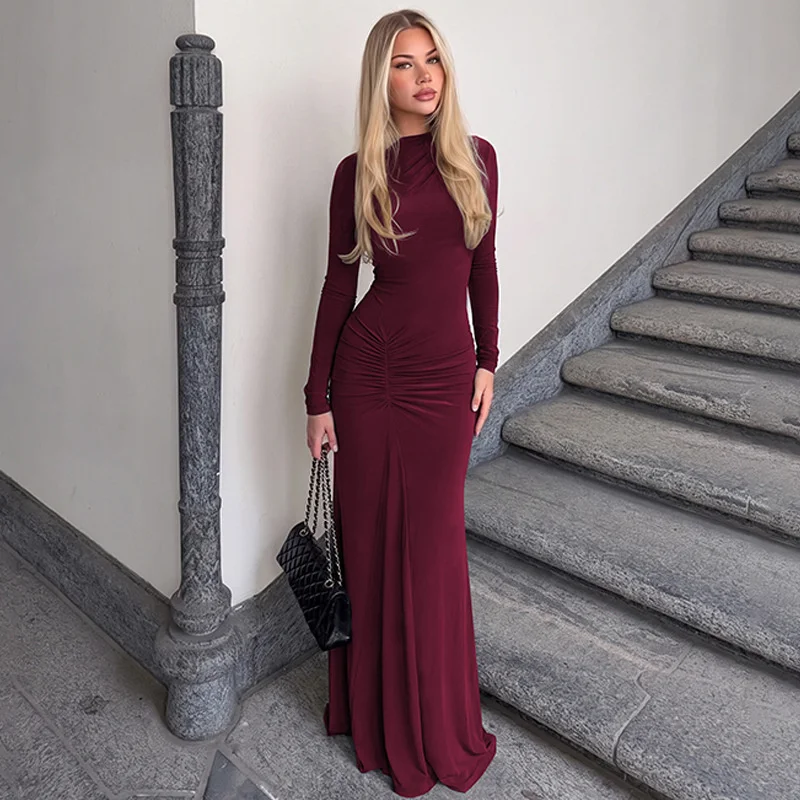 Mozision Women High Neck Long Sleeve Maxi Dress Ruched Front Bodycon Mermaid Hem Long Dress Elegant Evening Party Formal Dresses