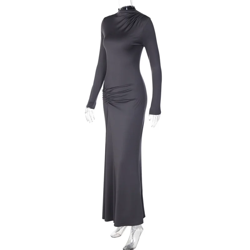 Mozision Women High Neck Long Sleeve Maxi Dress Ruched Front Bodycon Mermaid Hem Long Dress Elegant Evening Party Formal Dresses