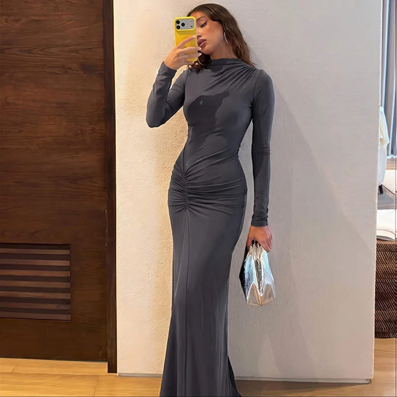 Mozision Women High Neck Long Sleeve Maxi Dress Ruched Front Bodycon Mermaid Hem Long Dress Elegant Evening Party Formal Dresses