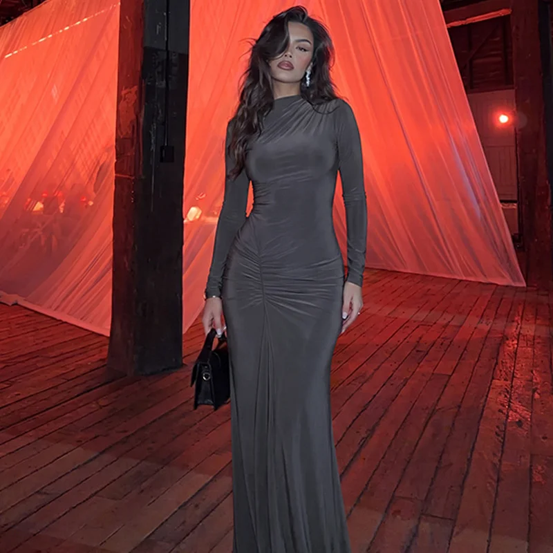 Mozision Women High Neck Long Sleeve Maxi Dress Ruched Front Bodycon Mermaid Hem Long Dress Elegant Evening Party Formal Dresses