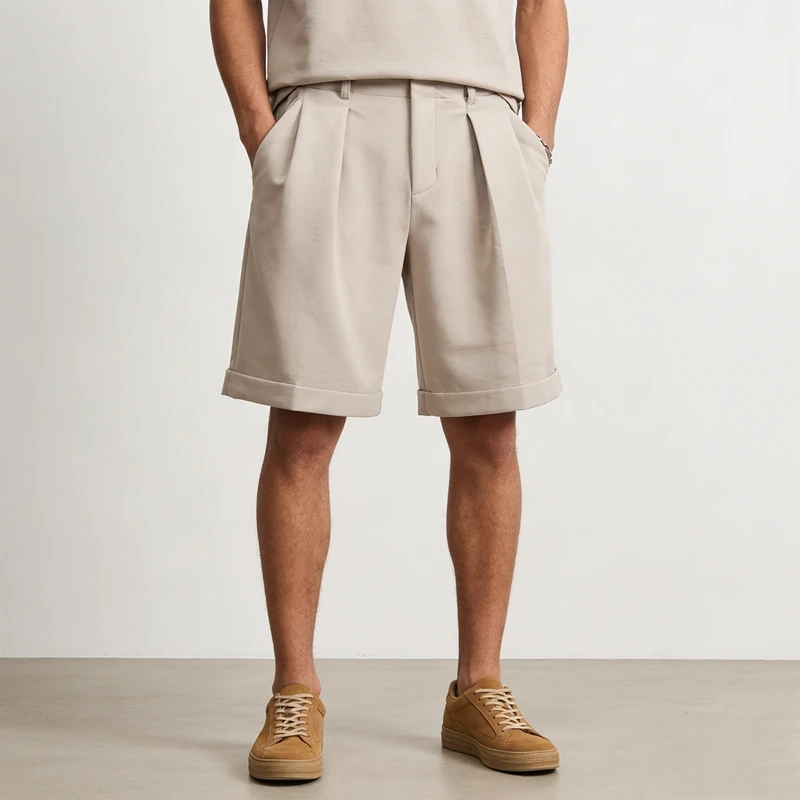 Old Money Aesthetic Shorts Men Elastic Waist Wide Leg Relaxed Fit Casual Dress Business Shorts Lightweight Solid Color Pleated
