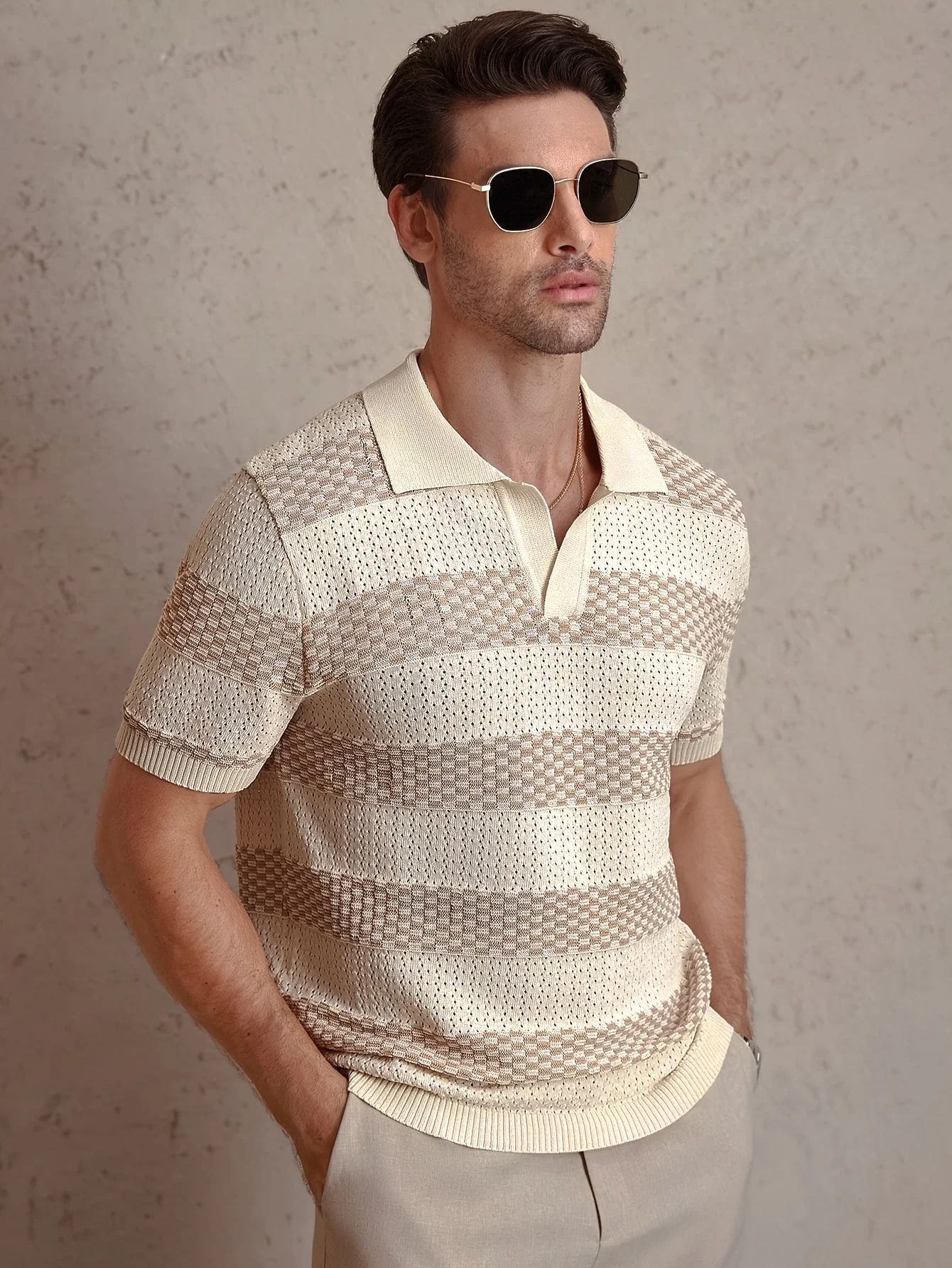 Daily Casual Mens Knitted Polo Shirts 2026 Summer Fashion Striped Contrast Color Knit Pullovers Men Stylish Turn-down Collar Top