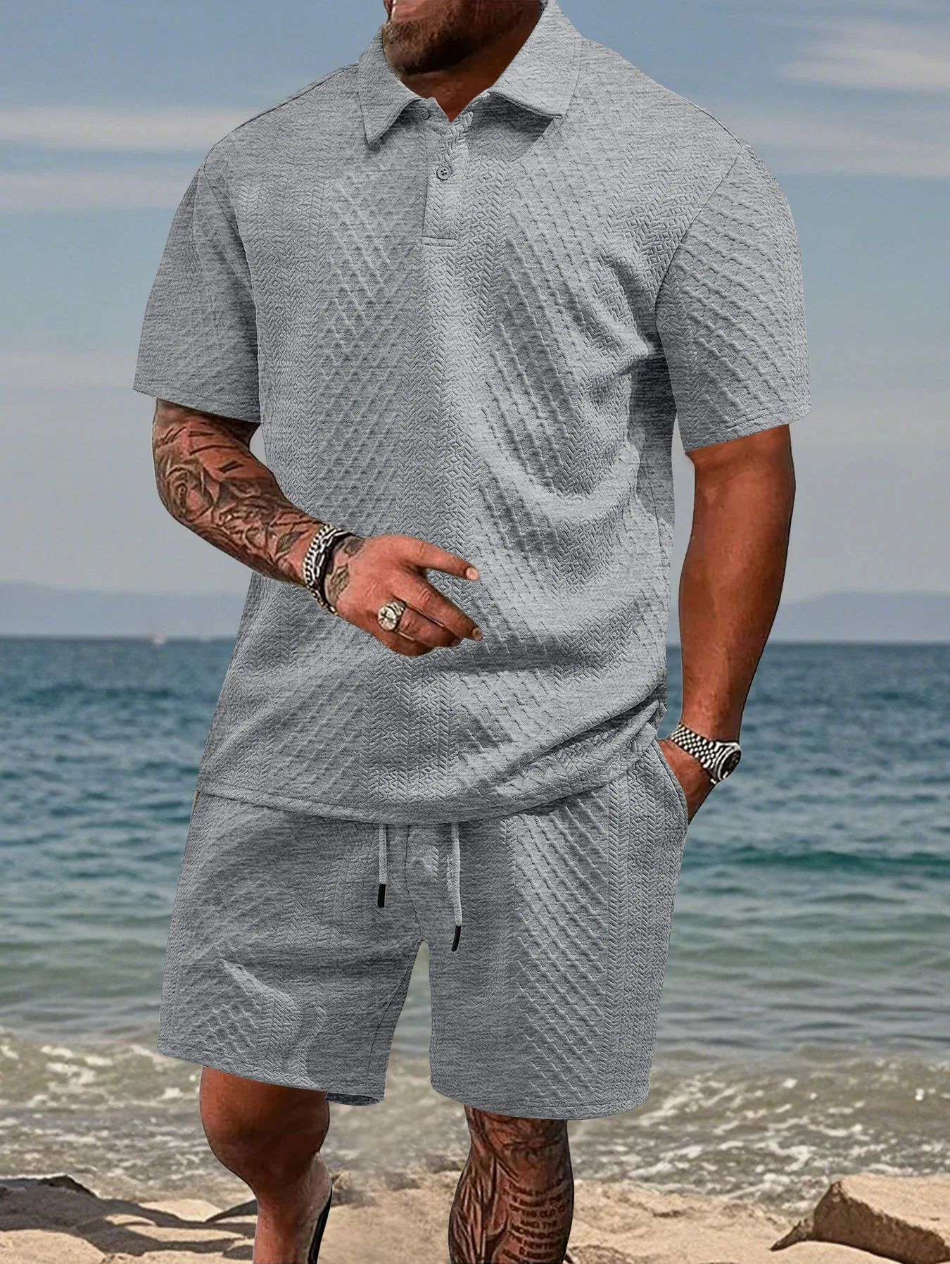 Casual Sports Style Short Two Piece Set Men's Fashion Solid Color Jacquard Short Sleeves Pullover POLO Shirt Shorts 2 Piece Sets