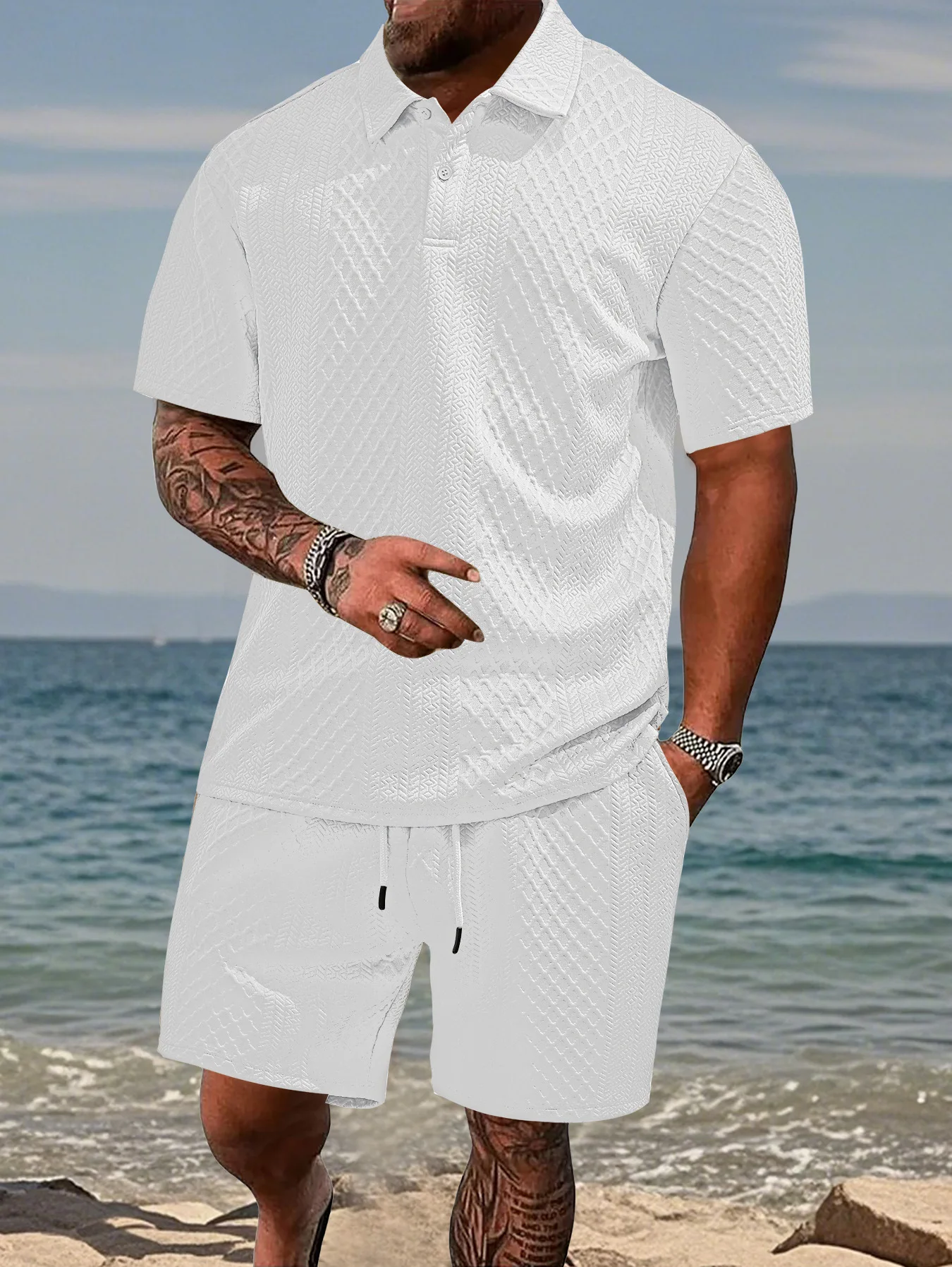 Casual Sports Style Short Two Piece Set Men's Fashion Solid Color Jacquard Short Sleeves Pullover POLO Shirt Shorts 2 Piece Sets