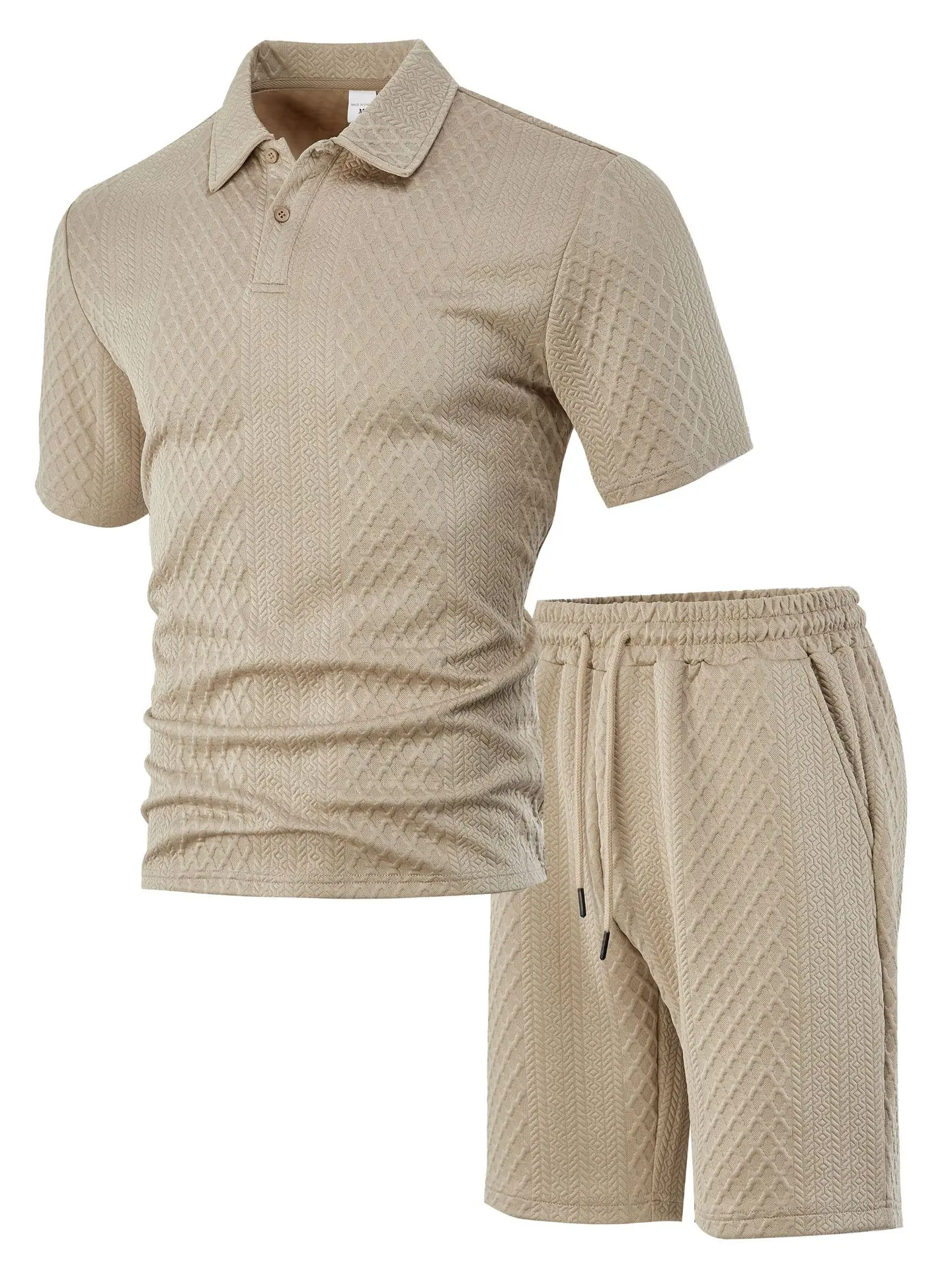 Casual Sports Style Short Two Piece Set Men's Fashion Solid Color Jacquard Short Sleeves Pullover POLO Shirt Shorts 2 Piece Sets