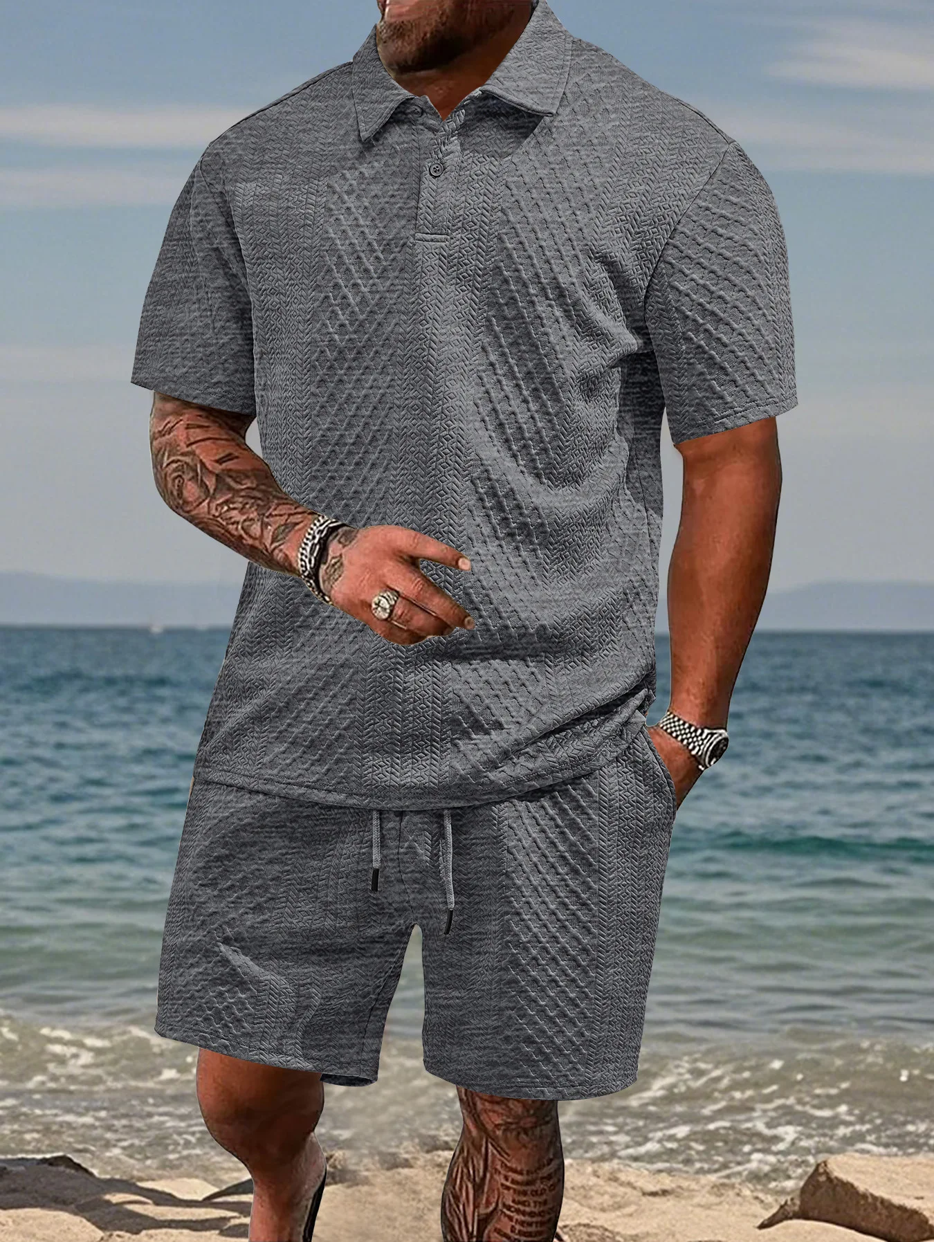 Casual Sports Style Short Two Piece Set Men's Fashion Solid Color Jacquard Short Sleeves Pullover POLO Shirt Shorts 2 Piece Sets