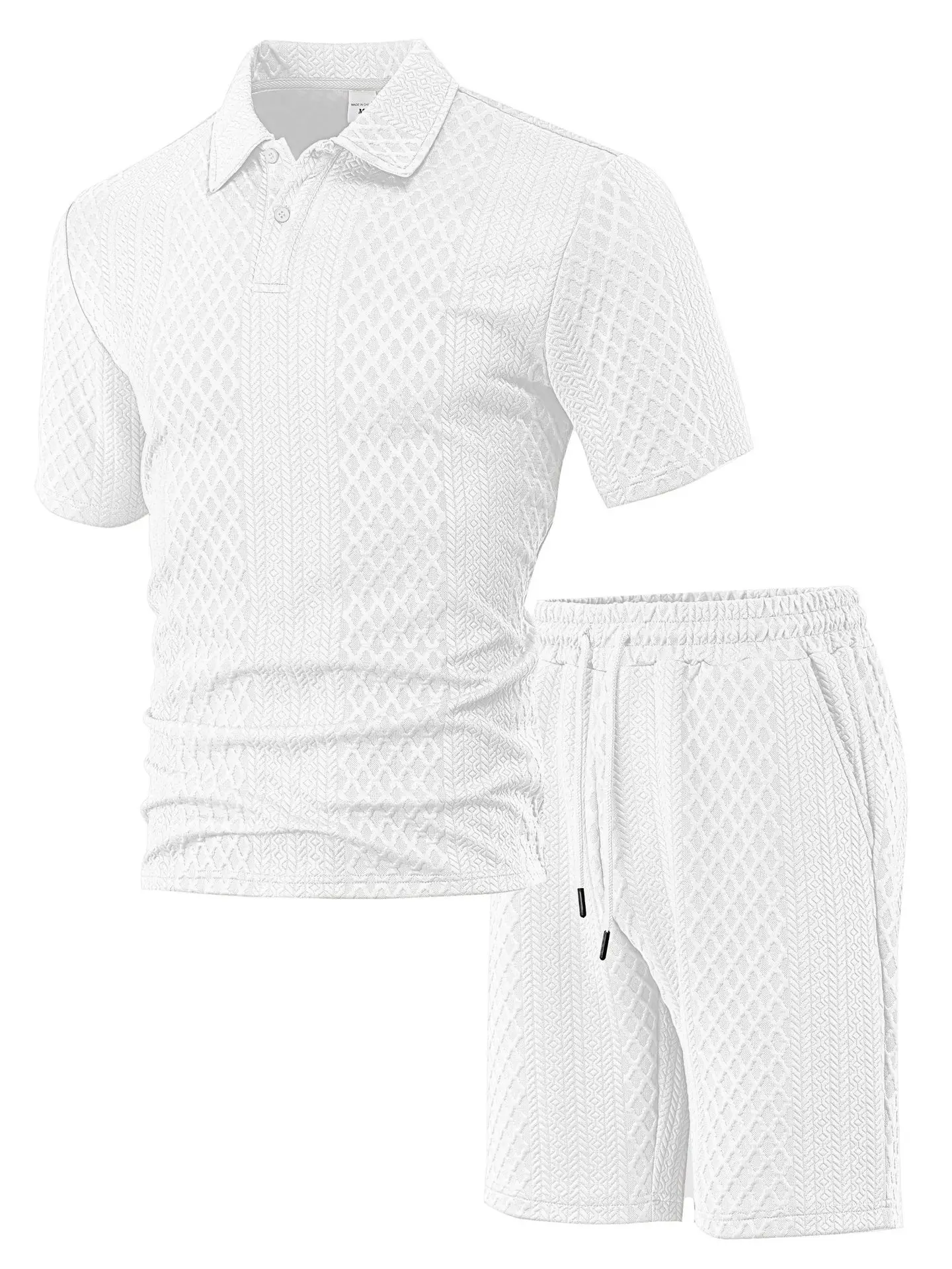 Casual Sports Style Short Two Piece Set Men's Fashion Solid Color Jacquard Short Sleeves Pullover POLO Shirt Shorts 2 Piece Sets