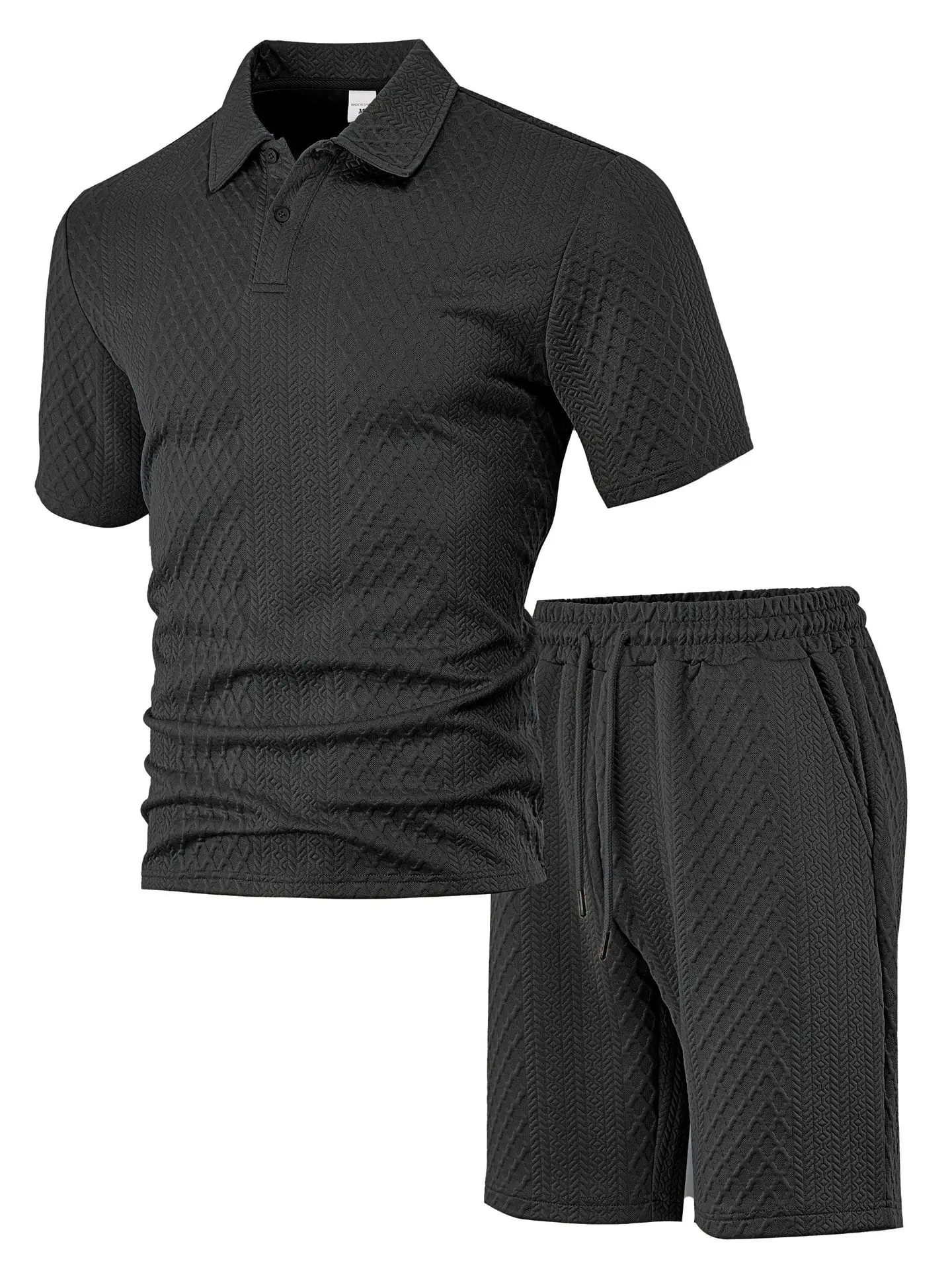 Casual Sports Style Short Two Piece Set Men's Fashion Solid Color Jacquard Short Sleeves Pullover POLO Shirt Shorts 2 Piece Sets