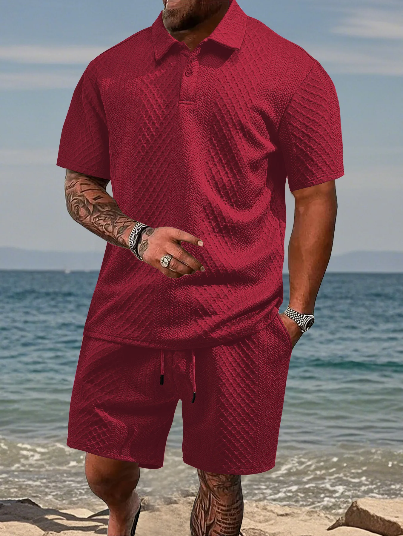 Casual Sports Style Short Two Piece Set Men's Fashion Solid Color Jacquard Short Sleeves Pullover POLO Shirt Shorts 2 Piece Sets