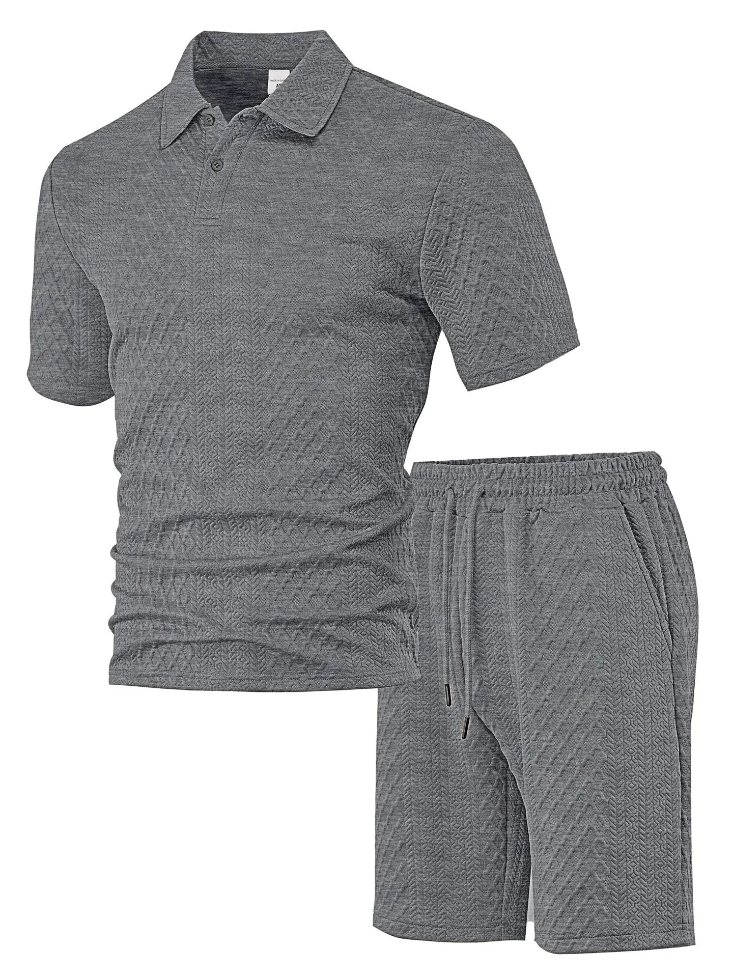 Casual Sports Style Short Two Piece Set Men's Fashion Solid Color Jacquard Short Sleeves Pullover POLO Shirt Shorts 2 Piece Sets