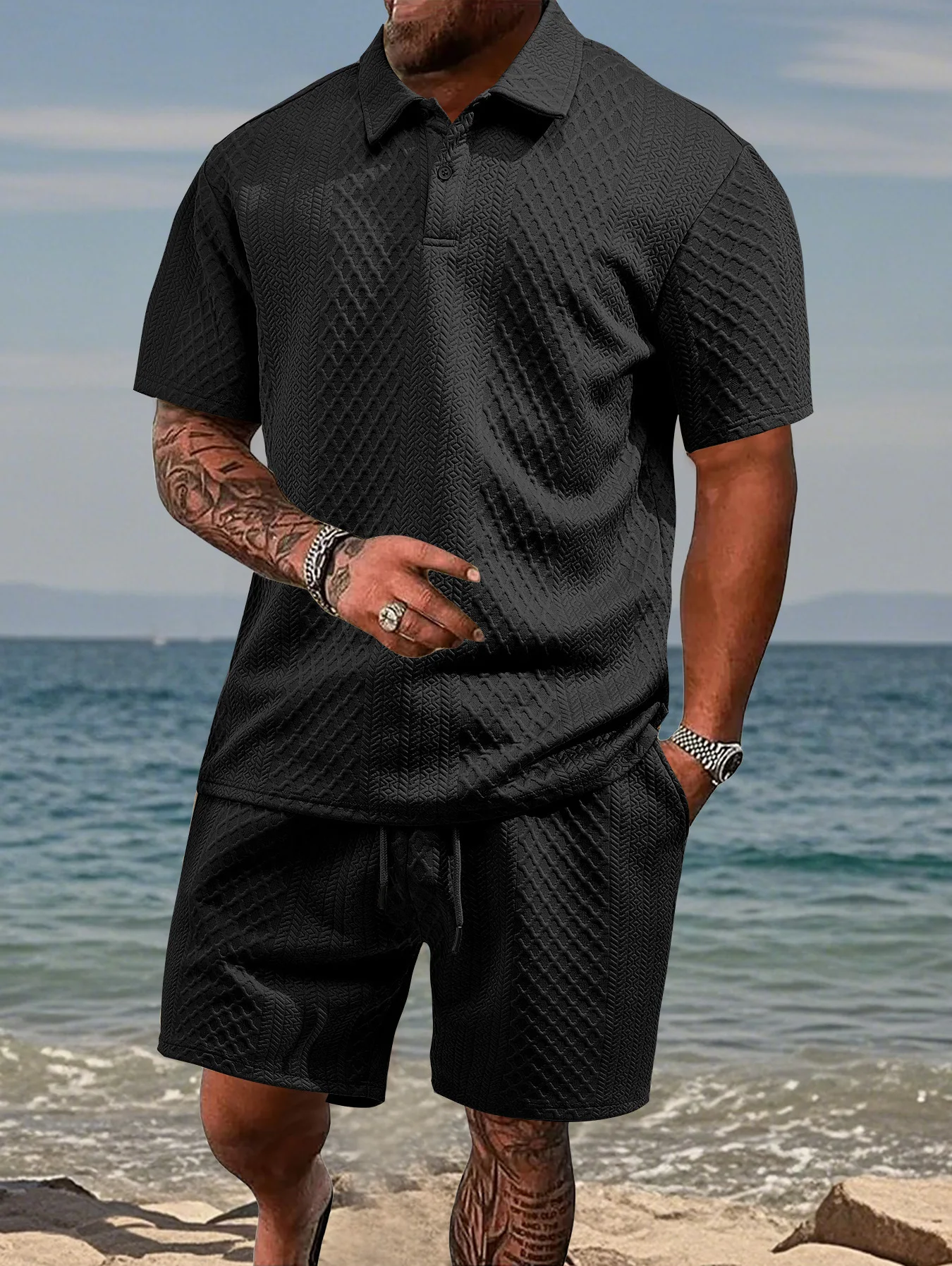 Casual Sports Style Short Two Piece Set Men's Fashion Solid Color Jacquard Short Sleeves Pullover POLO Shirt Shorts 2 Piece Sets