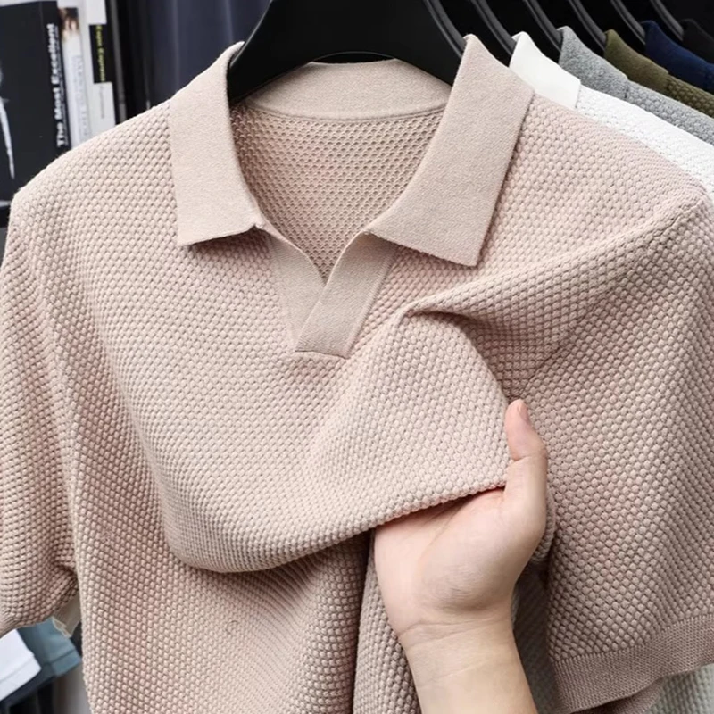 Men's Knitted Business Polo Shirt Summer Ice Silk Breathable Elastic Slim Fit Solid Color Lapel Short Sleeve Knitted T-Shirt Top