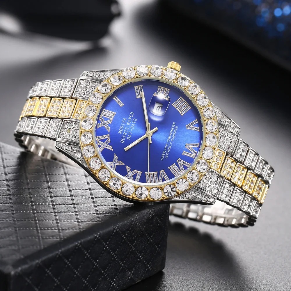 Hot Sale Diamond Bling Watch Men Gold Color Luxury Gift Quartz Watches Male Clock Dropshipping Rhinestone Calendar Wristwatch