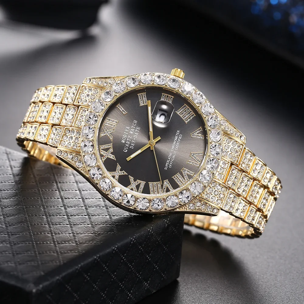 Hot Sale Diamond Bling Watch Men Gold Color Luxury Gift Quartz Watches Male Clock Dropshipping Rhinestone Calendar Wristwatch