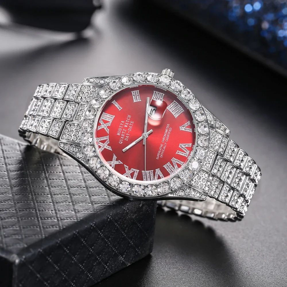 Hot Sale Diamond Bling Watch Men Gold Color Luxury Gift Quartz Watches Male Clock Dropshipping Rhinestone Calendar Wristwatch
