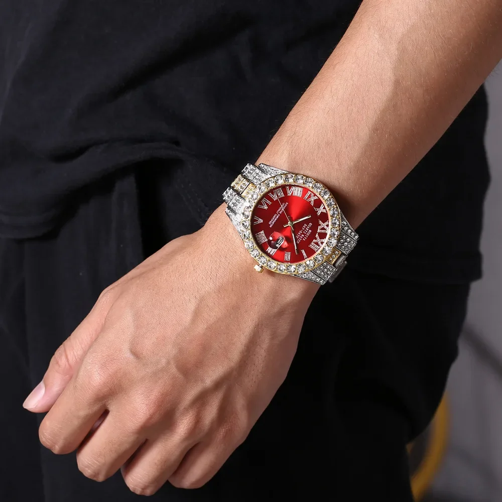 Hot Sale Diamond Bling Watch Men Gold Color Luxury Gift Quartz Watches Male Clock Dropshipping Rhinestone Calendar Wristwatch