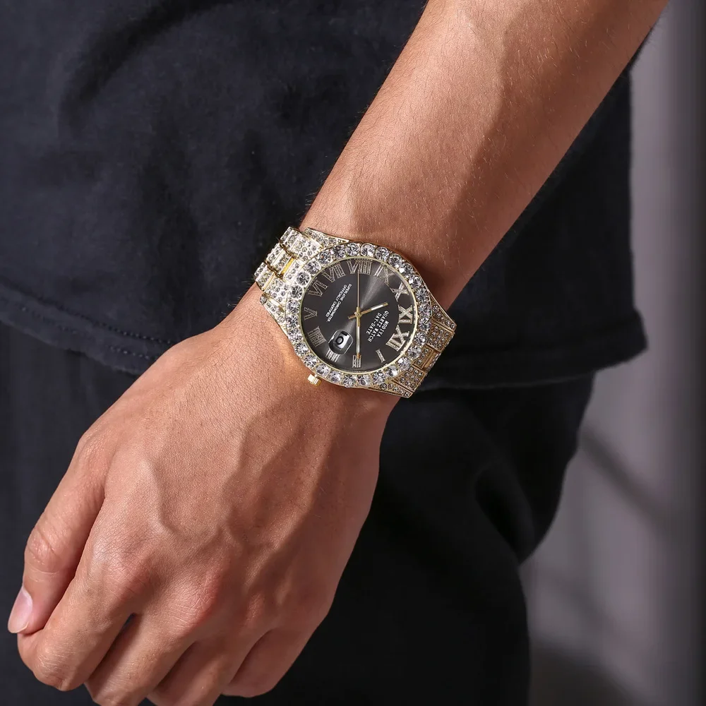 Hot Sale Diamond Bling Watch Men Gold Color Luxury Gift Quartz Watches Male Clock Dropshipping Rhinestone Calendar Wristwatch