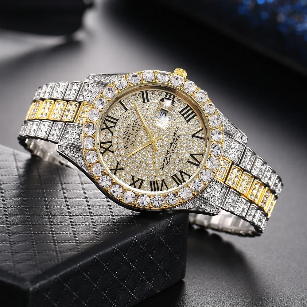 Hot Sale Diamond Bling Watch Men Gold Color Luxury Gift Quartz Watches Male Clock Dropshipping Rhinestone Calendar Wristwatch