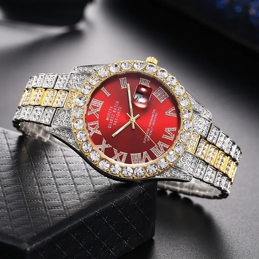 Hot Sale Diamond Bling Watch Men Gold Color Luxury Gift Quartz Watches Male Clock Dropshipping Rhinestone Calendar Wristwatch