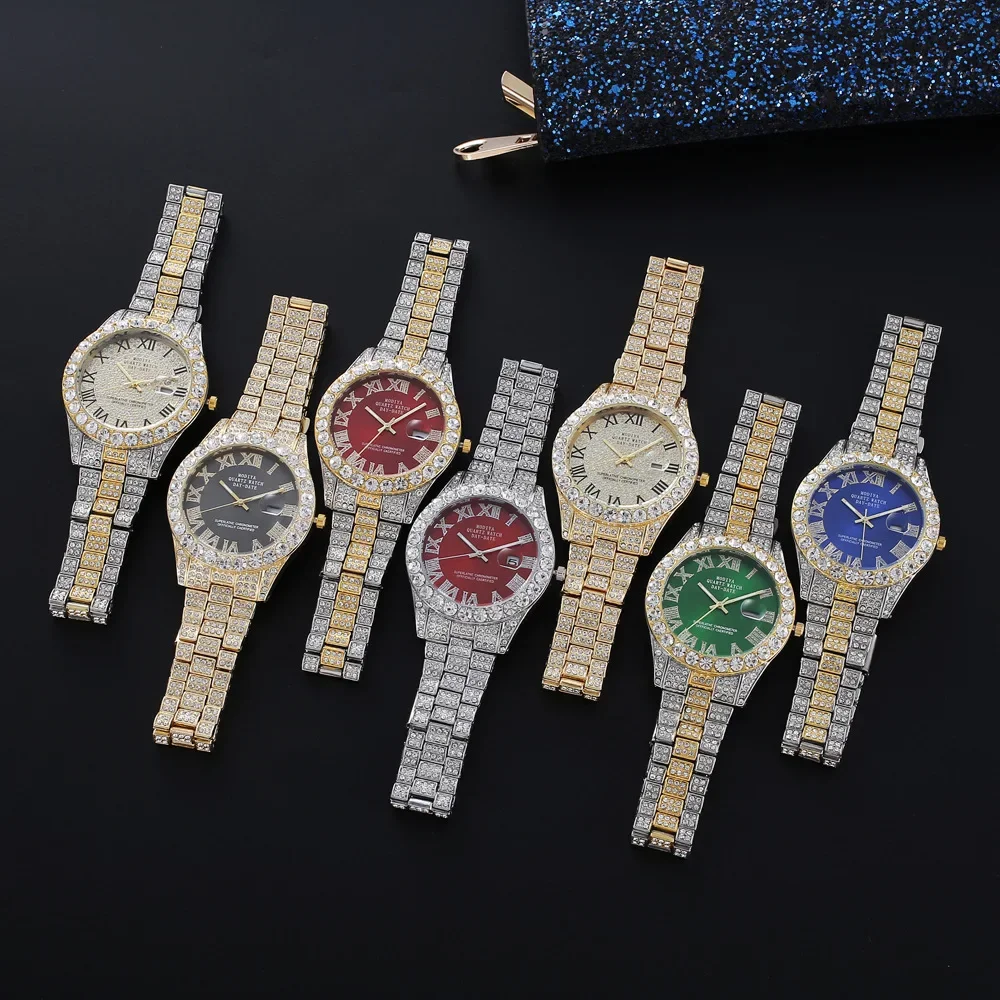 Hot Sale Diamond Bling Watch Men Gold Color Luxury Gift Quartz Watches Male Clock Dropshipping Rhinestone Calendar Wristwatch