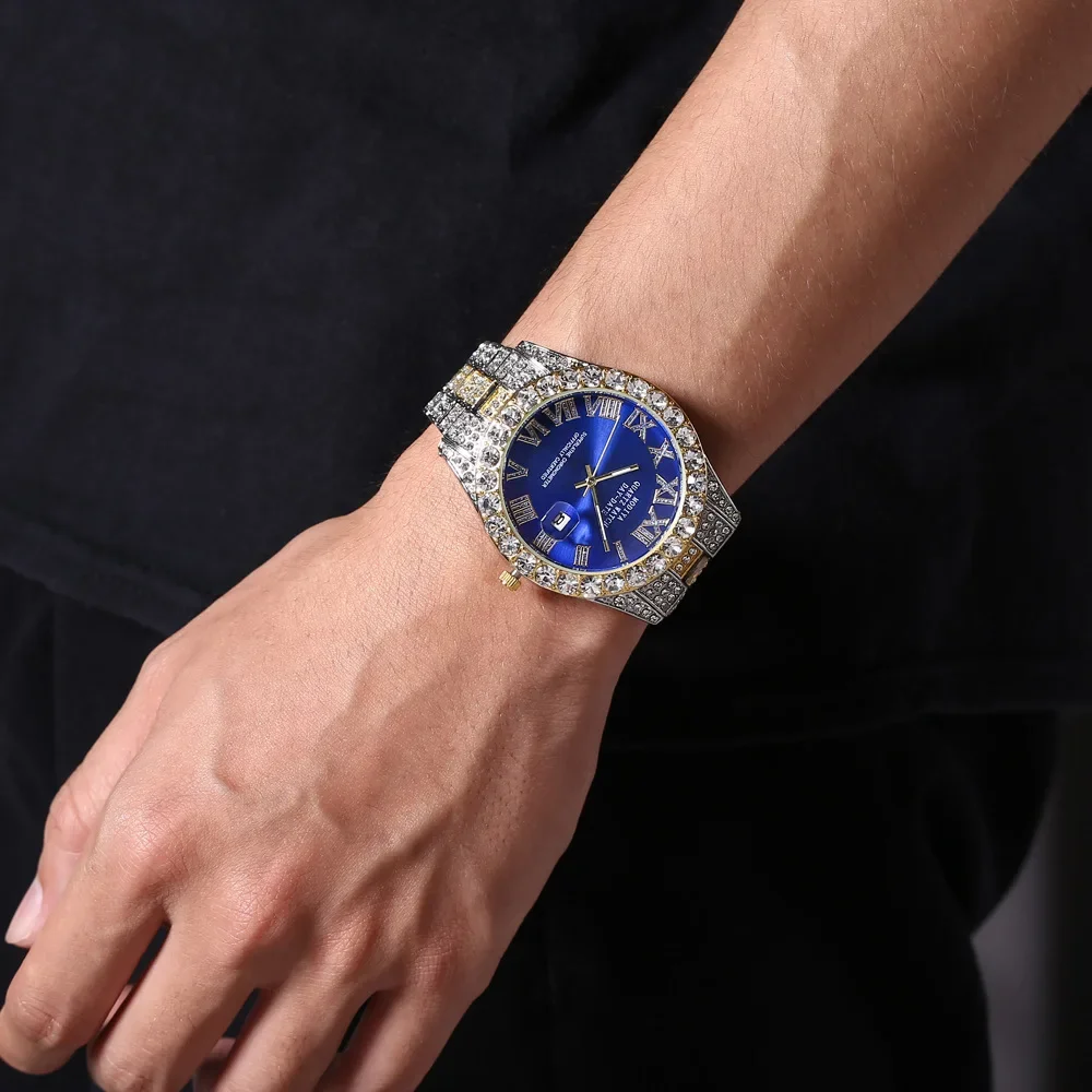Hot Sale Diamond Bling Watch Men Gold Color Luxury Gift Quartz Watches Male Clock Dropshipping Rhinestone Calendar Wristwatch