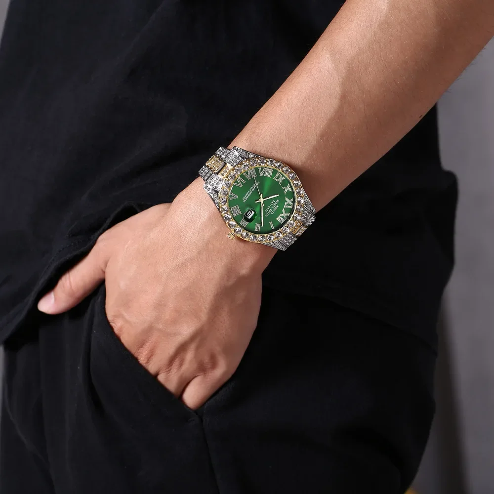 Hot Sale Diamond Bling Watch Men Gold Color Luxury Gift Quartz Watches Male Clock Dropshipping Rhinestone Calendar Wristwatch