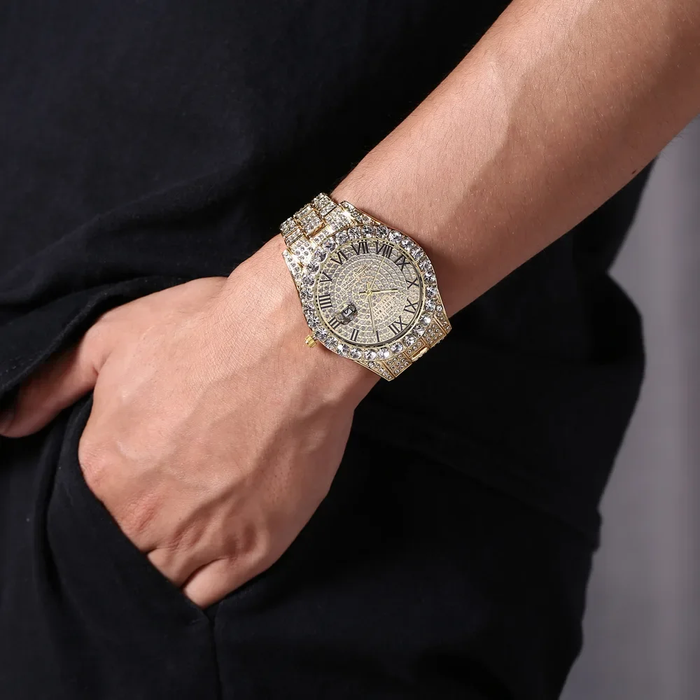 Hot Sale Diamond Bling Watch Men Gold Color Luxury Gift Quartz Watches Male Clock Dropshipping Rhinestone Calendar Wristwatch