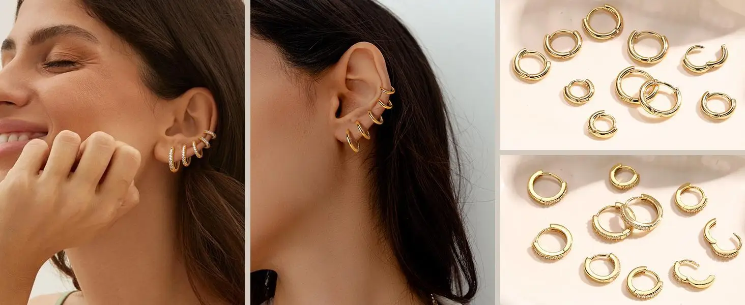 5Pairs Small Hoop Earrings Set for Women 14K Gold Plated Lightweight Tiny Huggie Hoops Mini Cartilage Earrings Pack Hypoallergenic Ear Piercing, Earring Stacking Set