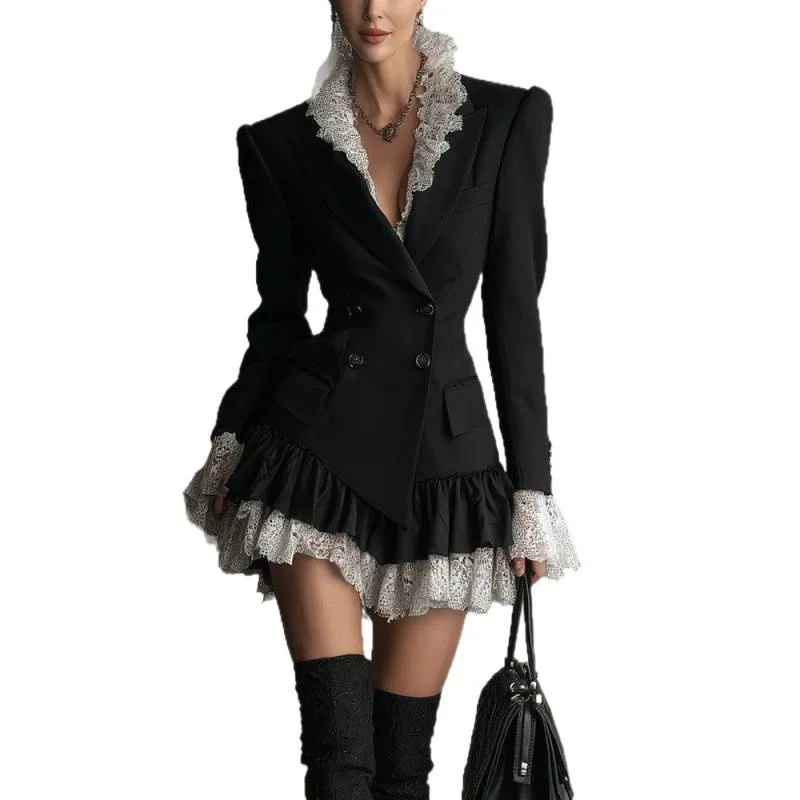 Vintage Black Blazer Dress Lace Ruffle Hem Long Sleeve Slim Waist Evening Party Short Dress