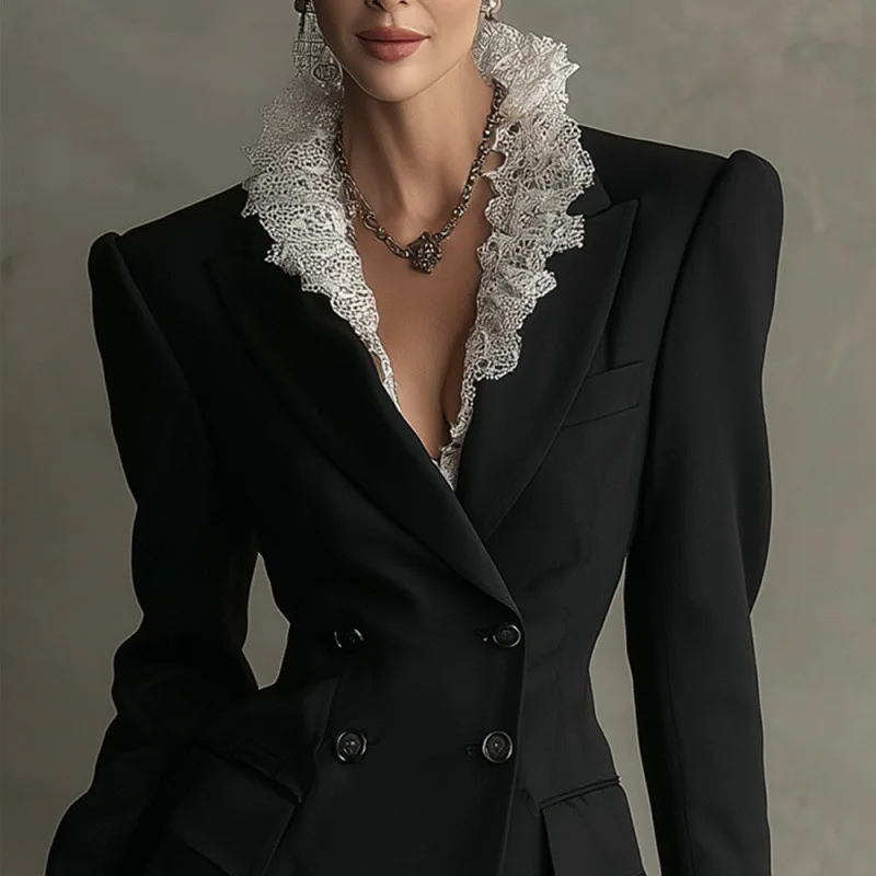 Vintage Black Blazer Dress Lace Ruffle Hem Long Sleeve Slim Waist Evening Party Short Dress