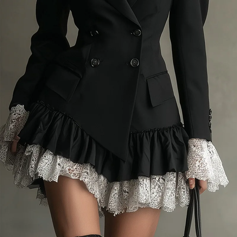 Vintage Black Blazer Dress Lace Ruffle Hem Long Sleeve Slim Waist Evening Party Short Dress