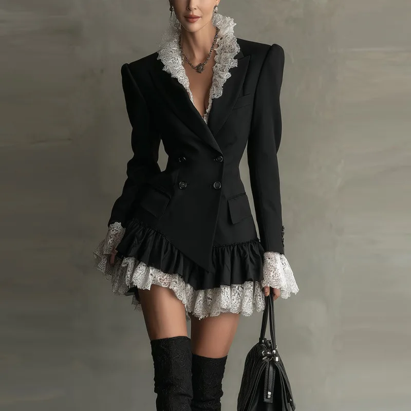 Vintage Black Blazer Dress Lace Ruffle Hem Long Sleeve Slim Waist Evening Party Short Dress