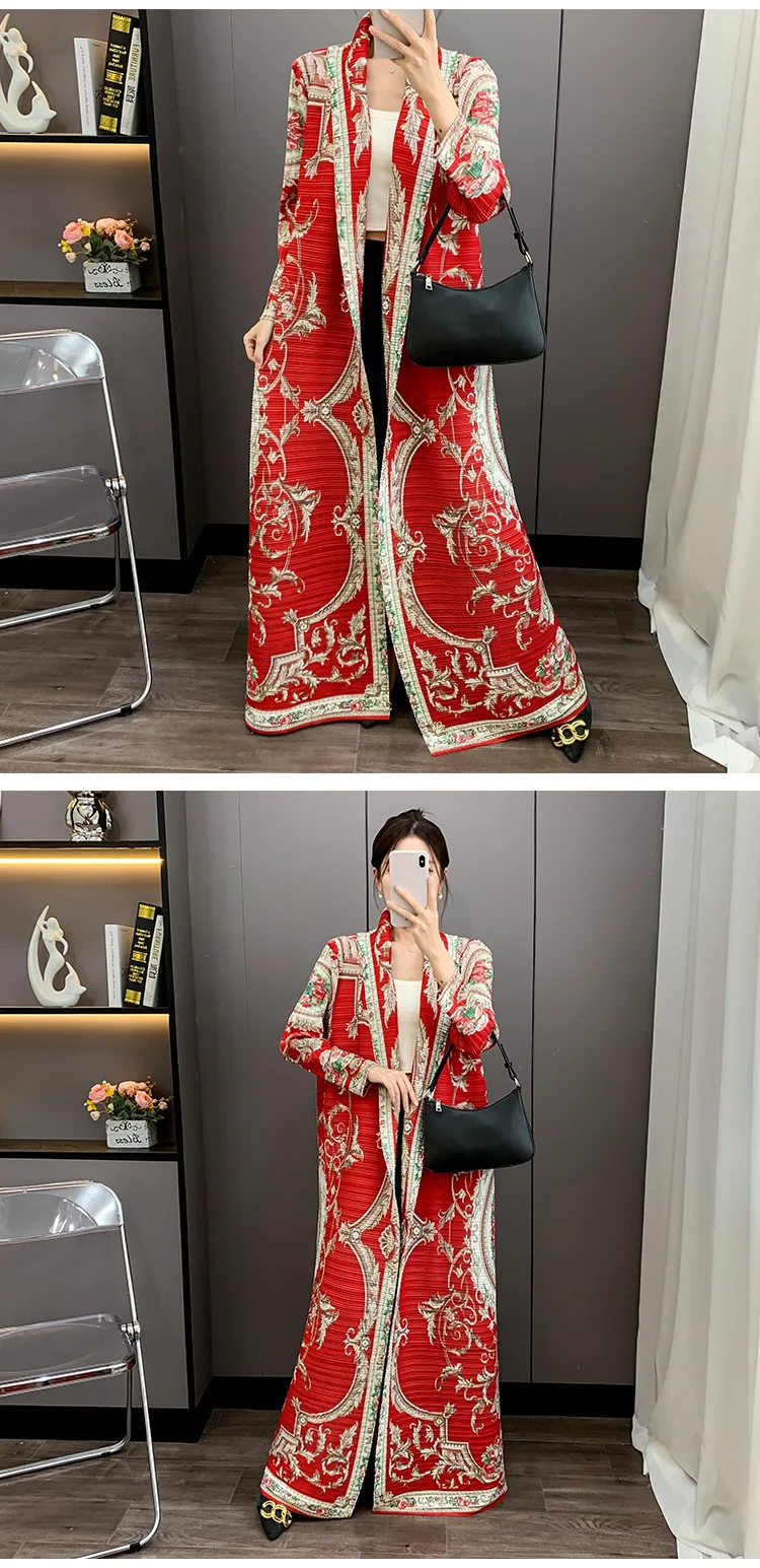 LANMREM Red National Style Printting Pleated Women's Long Robe 2025 New Fashion Chic Temperament Cardigan Trench Coat 2DB3930