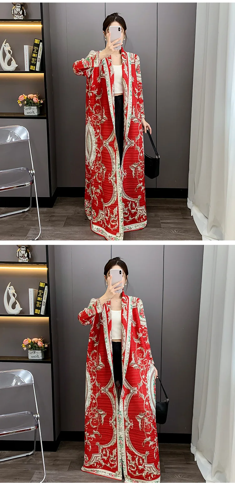 LANMREM Red National Style Printting Pleated Women's Long Robe 2025 New Fashion Chic Temperament Cardigan Trench Coat 2DB3930