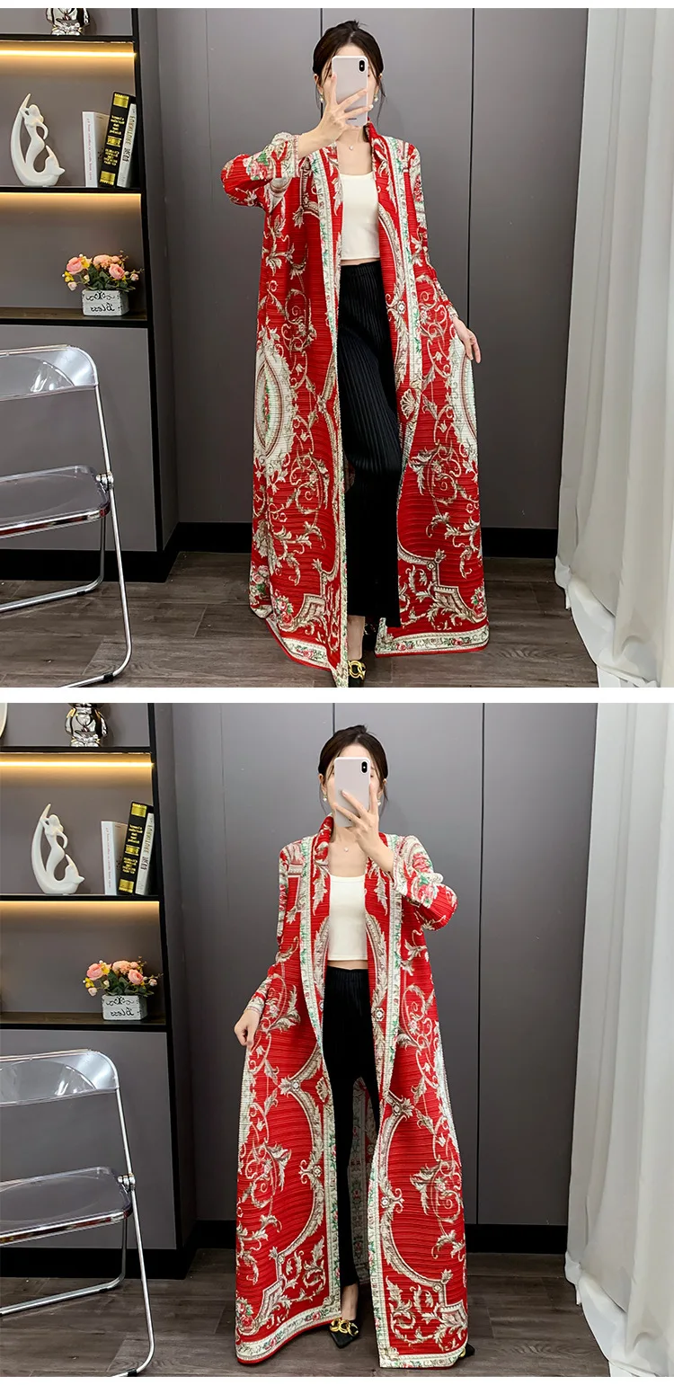 LANMREM Red National Style Printting Pleated Women's Long Robe 2025 New Fashion Chic Temperament Cardigan Trench Coat 2DB3930