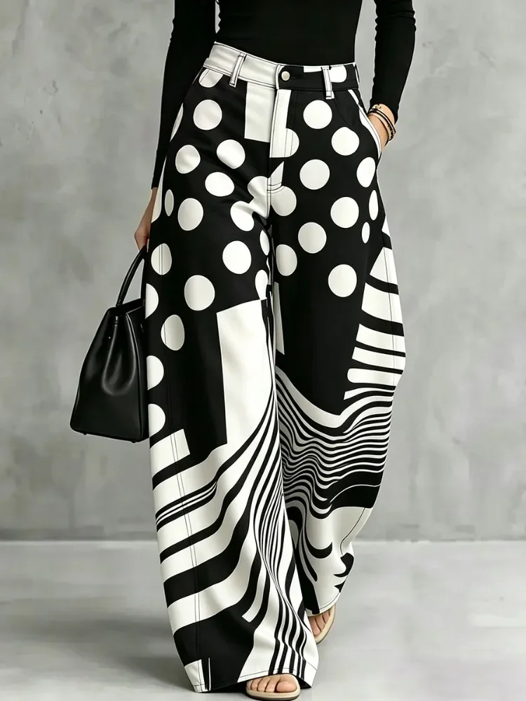 UOOZEE 2026 New Trendy Polka Dot Striped Contrast Color Pants Women Loose High Waist Wide Leg Casual Streetwear Trousers Bottoms