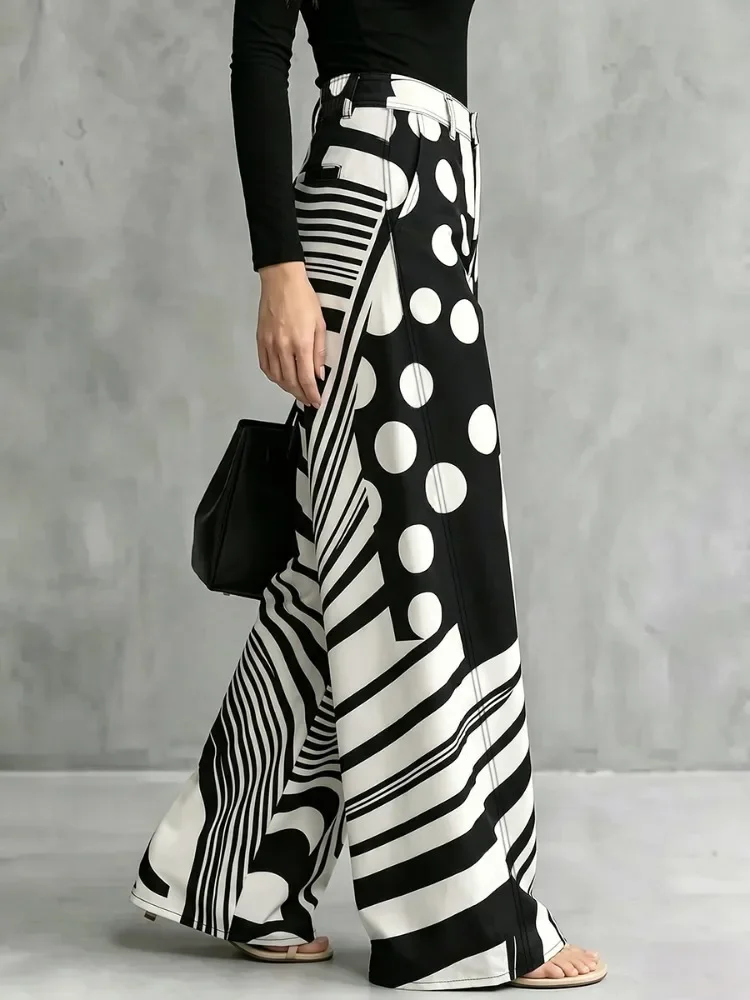 UOOZEE 2026 New Trendy Polka Dot Striped Contrast Color Pants Women Loose High Waist Wide Leg Casual Streetwear Trousers Bottoms