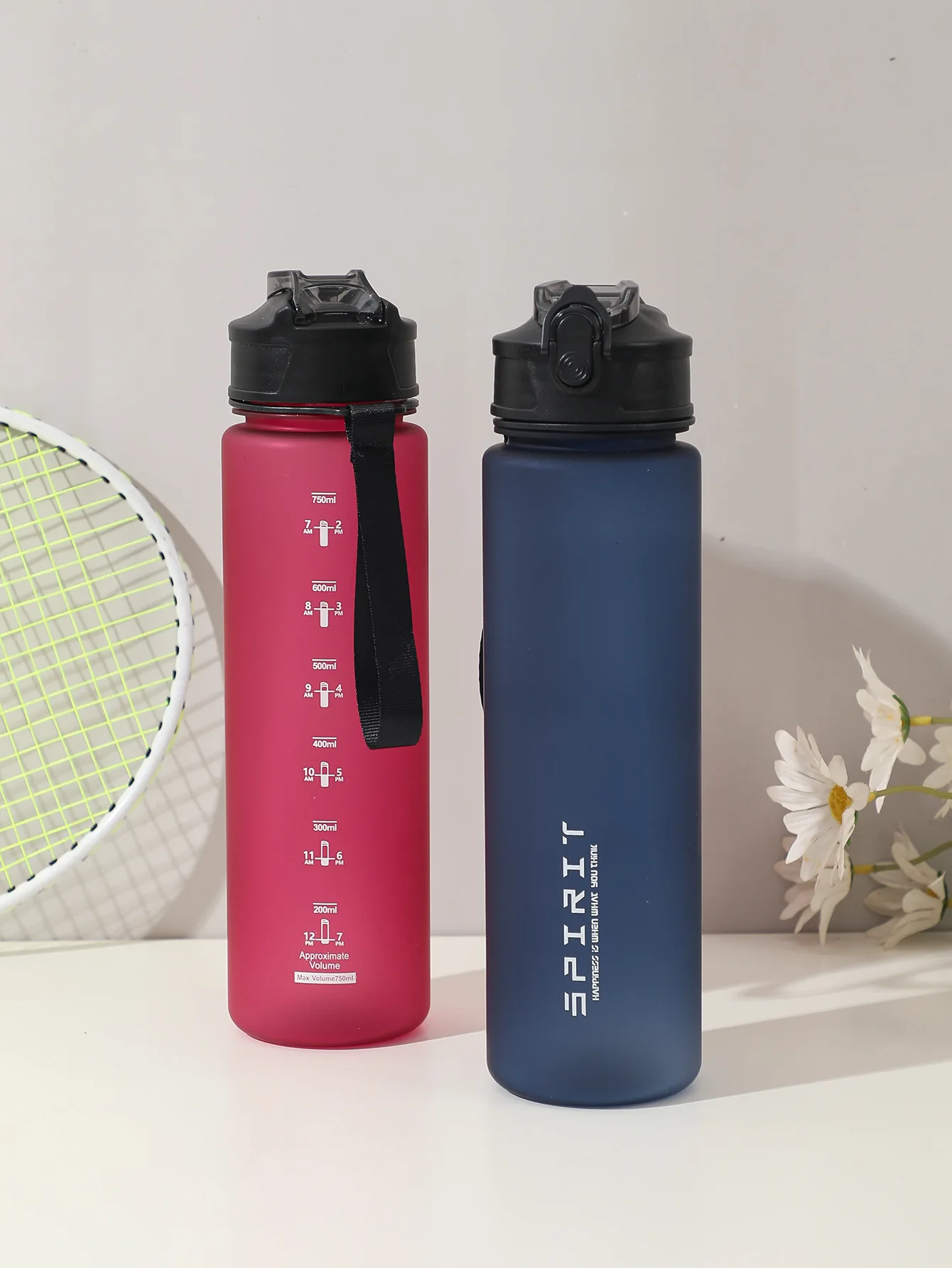 750ML Leak-Proof Sports Water Bottle with Straw and Carrying Loop BPA-Free Portable Mug with Seal Lid for Fitness Camping