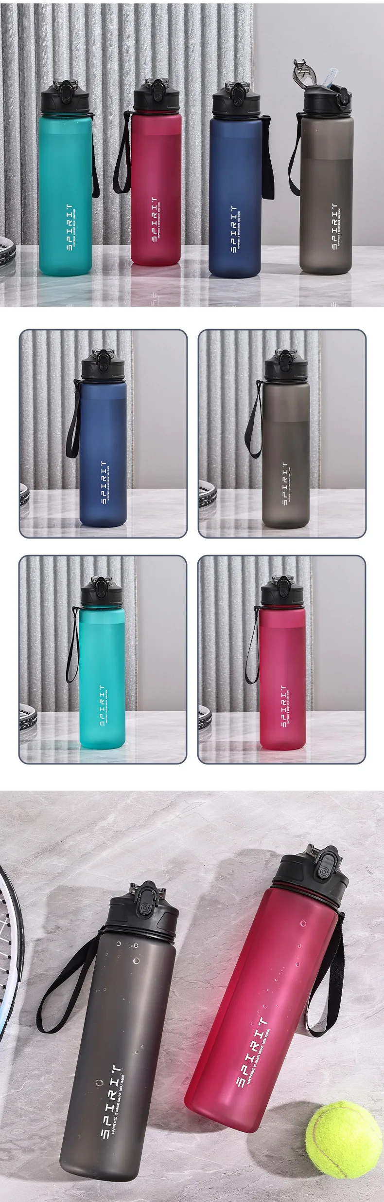 750ML Leak-Proof Sports Water Bottle with Straw and Carrying Loop BPA-Free Portable Mug with Seal Lid for Fitness Camping