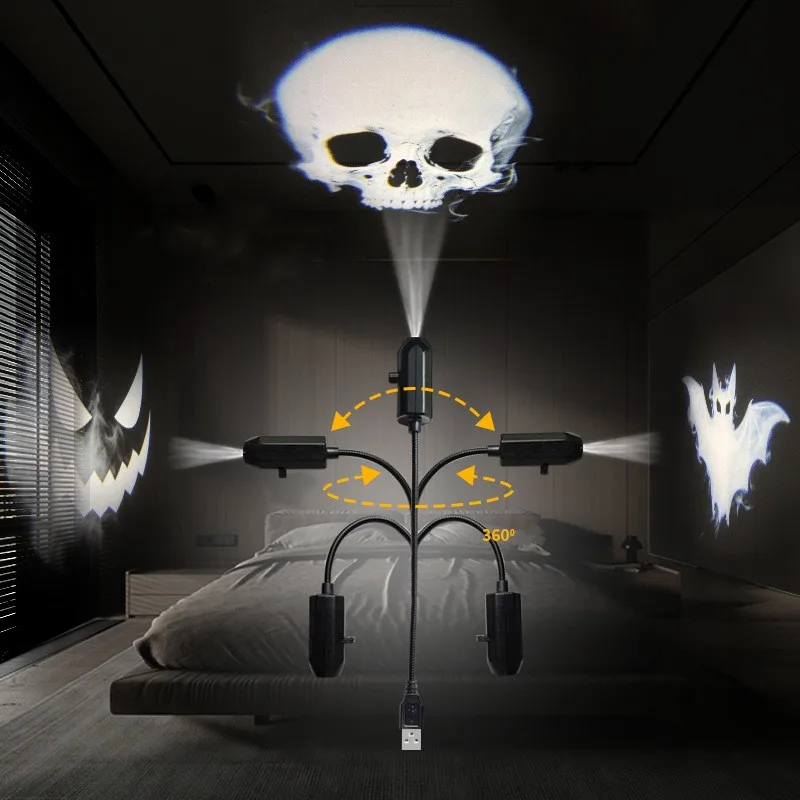 USB Projector Light Halloween Ghost Skull Night Light Switchable Pattern LED Projector Lamp for Room Ceiling Window Wall Decor