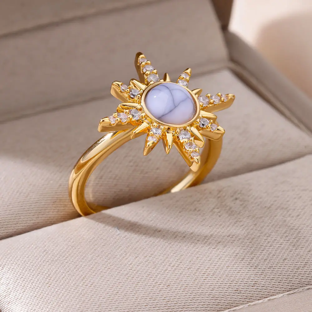 Blue Zircon Sun Stainless Steel Rings For Women Adjustable Gold Plated Aesthetic Ring Party Wedding Jewelry Gift BFF anillos