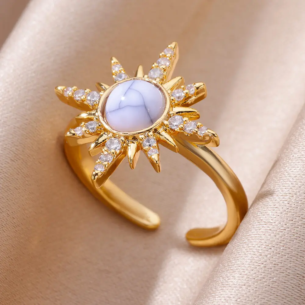 Blue Zircon Sun Stainless Steel Rings For Women Adjustable Gold Plated Aesthetic Ring Party Wedding Jewelry Gift BFF anillos