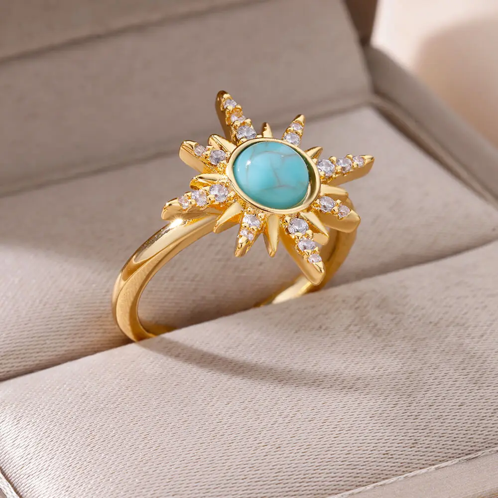 Blue Zircon Sun Stainless Steel Rings For Women Adjustable Gold Plated Aesthetic Ring Party Wedding Jewelry Gift BFF anillos