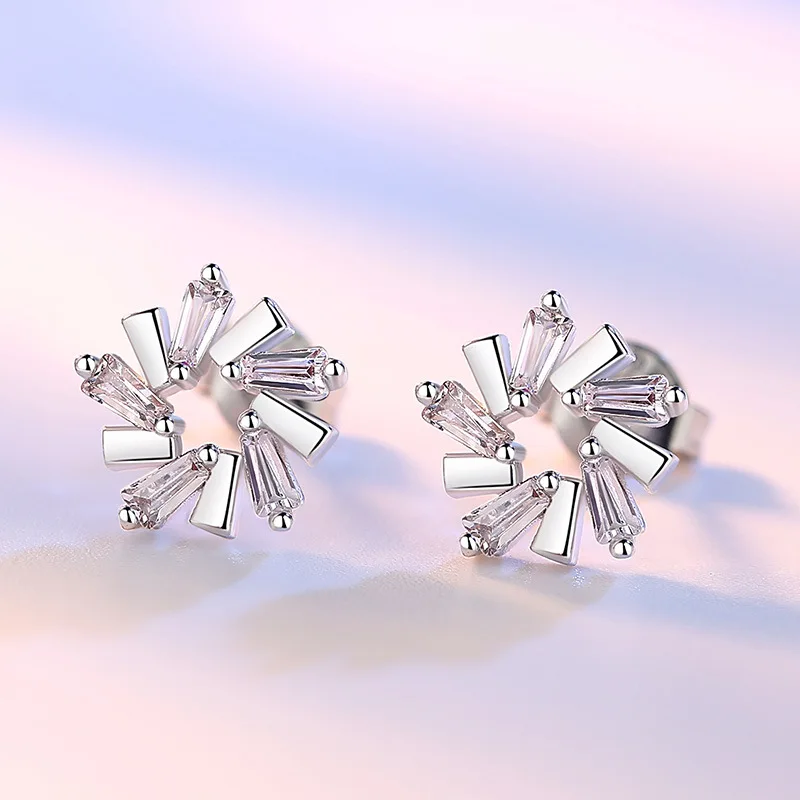 Crystal Zircon Real 925 Sterling Silver Earrings Channel Cubic Zirconia Silver Stud Earrings for Women Sterling Silver Jewelry