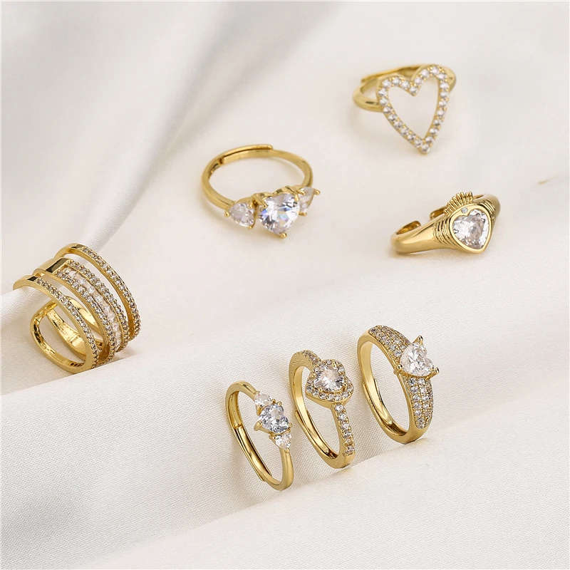 HECHENG,Love Heart Ring,Creative Sweet Heart Rings for Women, Geometric Zircon Cooper Open Ring Vintage 18k gold plated Jewelry